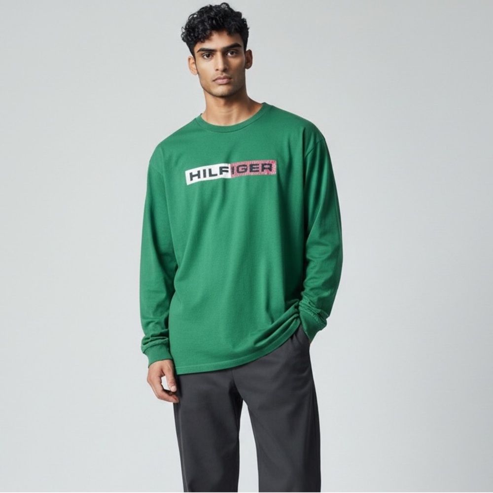 Vintage Tommy Hilfiger Long Sleeve TShirt XL Green Spellout Logo Made in USA 90s
